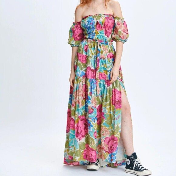 Anthropologie Love The Label Floral Print Maxi Dress Off Shoulder XS New 272174